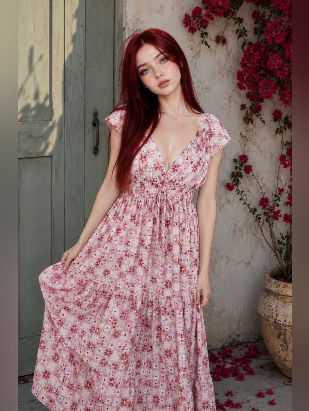 BTFL-Life Florian Floral Grid Midi Dress Pink Multi Size S Cottagecore Tiered CC